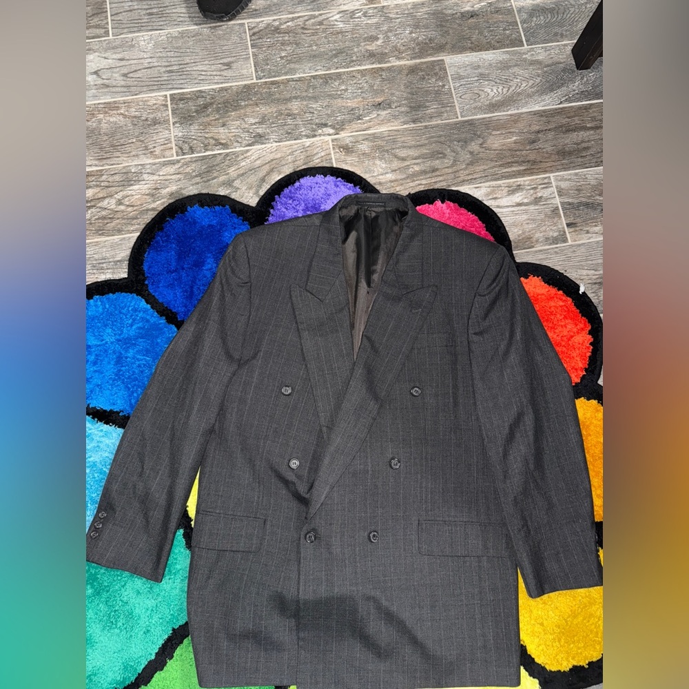 Charcoal Striped Pierre Balmain Paris Double-Breasted Wool Blazer